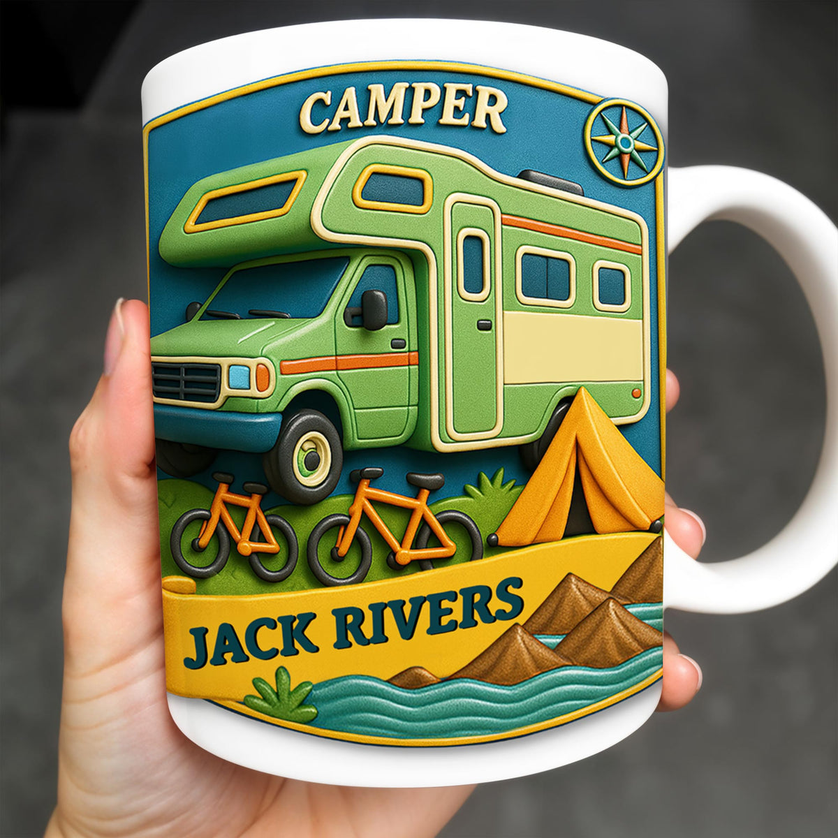 Camper, Tent, and Bicycles Design, Personalized Custom Coffee Mug, Perfect For Outdoor Lovers