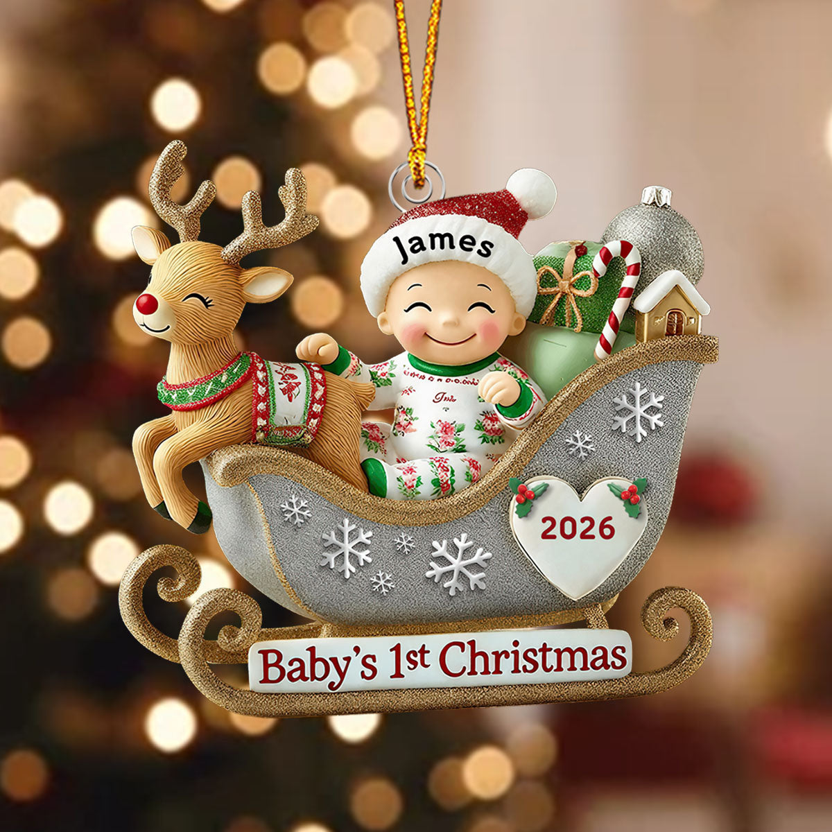 Baby’s 1st Christmas Personalized Acrylic Ornament – Adorable Reindeer Sleigh Design, Perfect Gift for Newborn Celebration