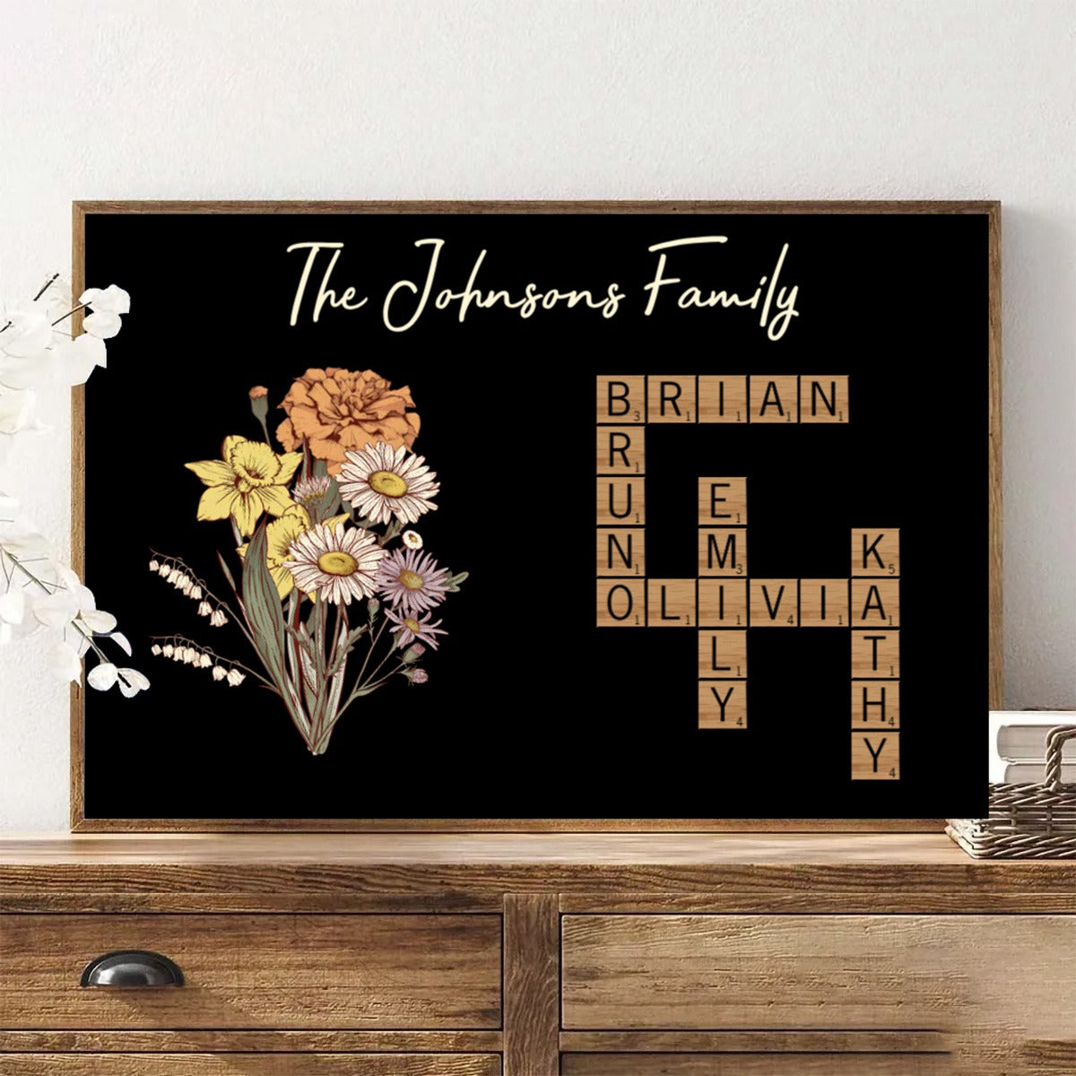 Birth Flower Family Crossword Puzzle Art Personalized Poster