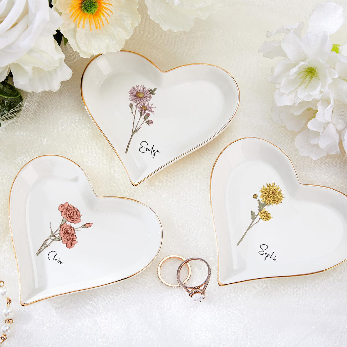Personalized Birth Flower Ring Jewelry Dish for friends Wedding gifts Bridesmaids