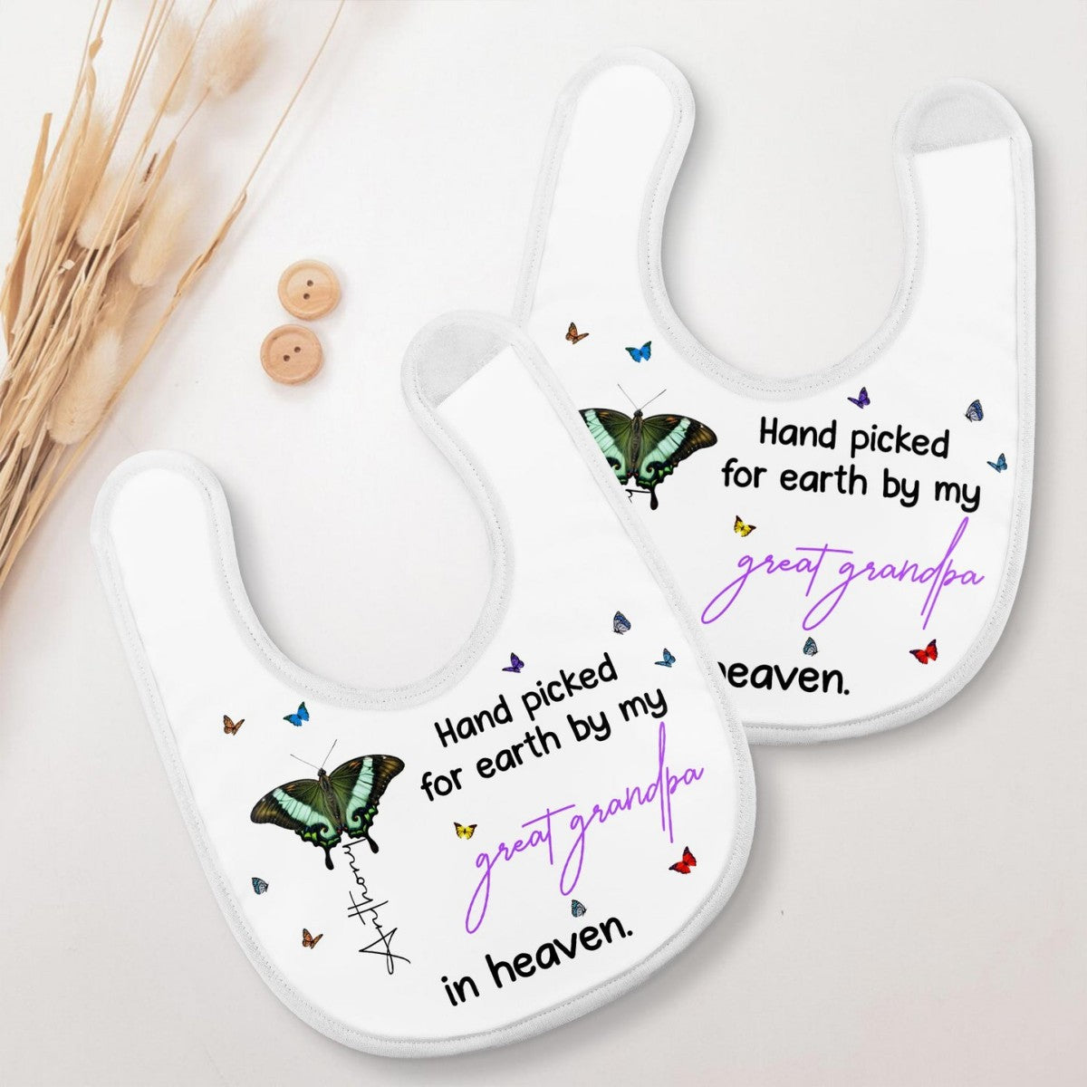 Hand Picked for Earth By My Great Grandpa in Heaven-Personalized Baby Bib Memorial Gift for Family