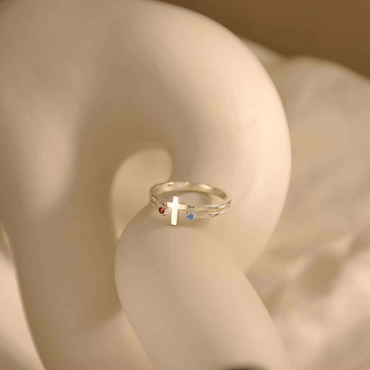 Personalized Cross Birthstone Ring for Women Mom Ring Best Friend Gift