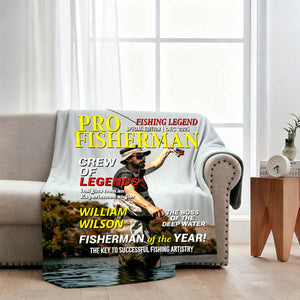 Custom Photo Hooked On Greatness Fishing Magazine Cover Blanket, Personalized Fishing Gifts for Men, Funny Gift for Fisherman