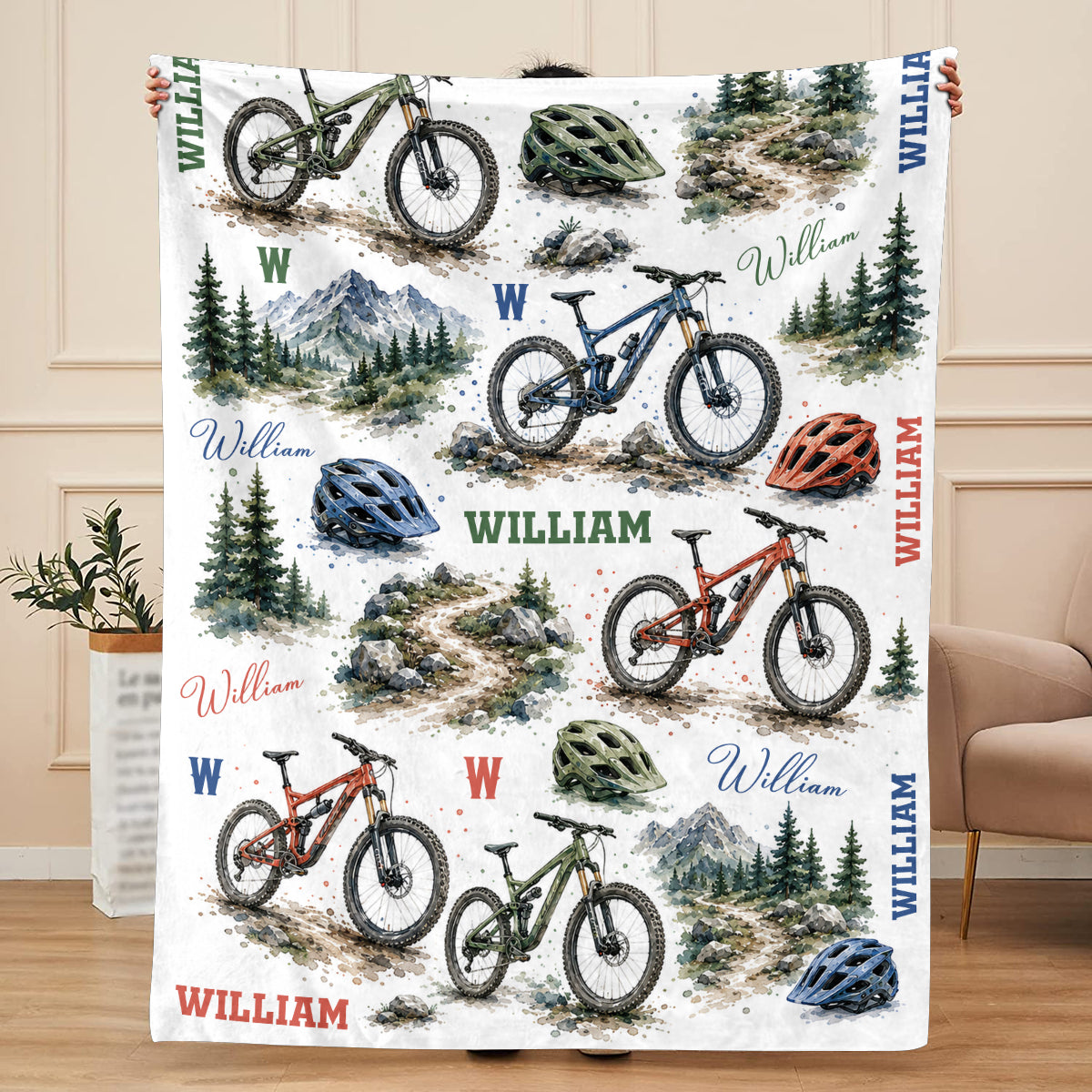 Personalized Mountain Bike Blanket, Custom Name MTB Blanket for Kids Boy Men