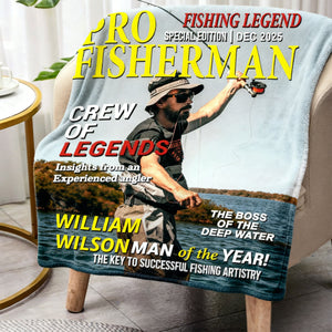 Custom Photo Hooked On Greatness Fishing Magazine Cover Blanket, Personalized Fishing Gifts for Men, Funny Gift for Fisherman