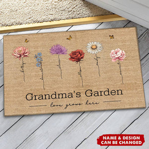 Personalized Grandma‘s Garden Love Grows Here Vintage Birth Flowers Doormat