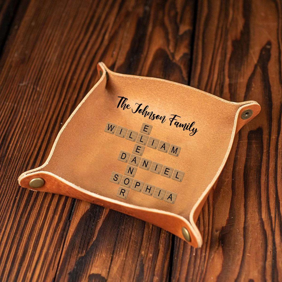 Personalized Family Crossword Puzzle Leather Valet Tray