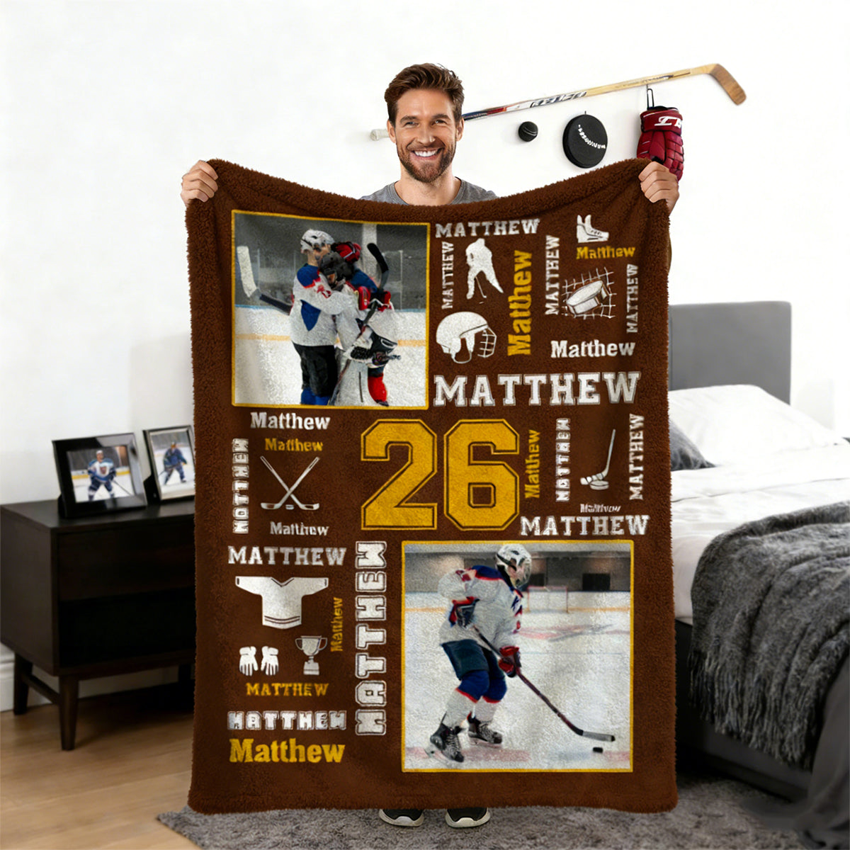 Hockey Name Blanket Personalized With Photo, Custom Gifts For Hockey Player, Field Hockey Gifts