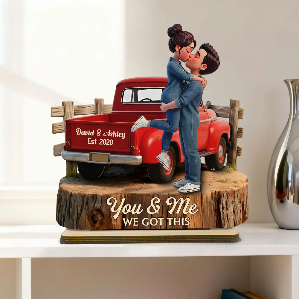 Personalized Wooden Plaque with Kissing Couple in Red Pickup Truck, Farmhouse Decor, Unique Gift for Couples