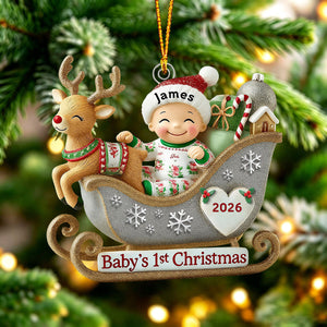 Baby’s 1st Christmas Personalized Acrylic Ornament – Adorable Reindeer Sleigh Design, Perfect Gift for Newborn Celebration