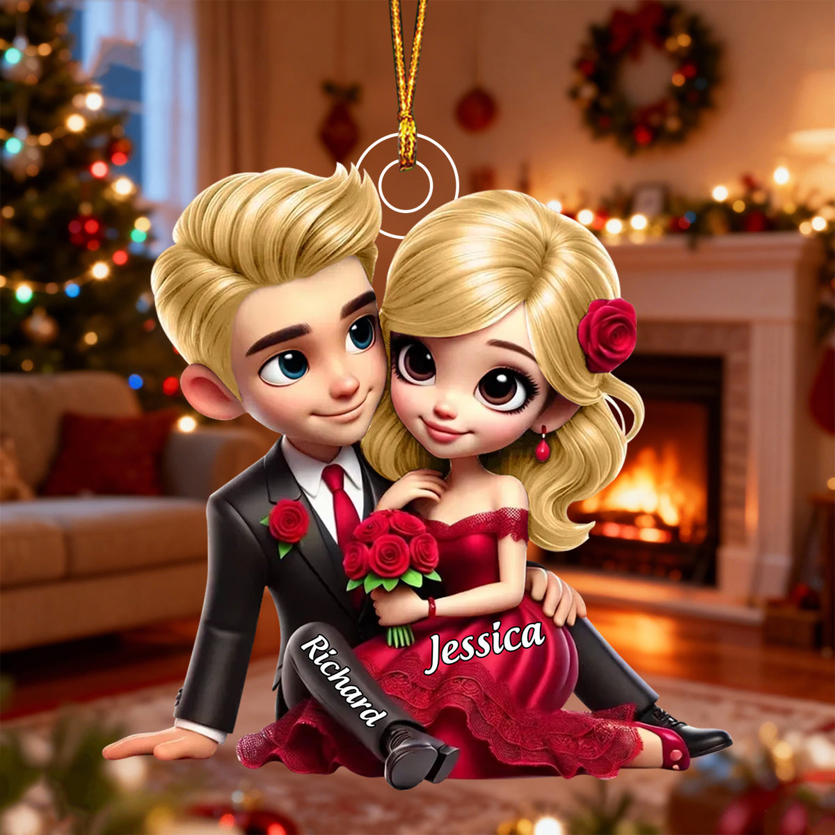 Roses Couple Sitting Together, Personalized Acrylic Ornament, Gift For Couples