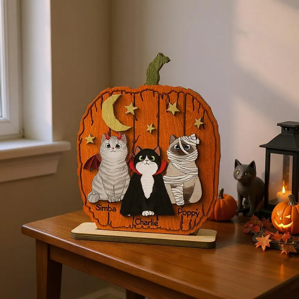 Halloween Cat Pumpkin Personalized 2-Layered Standing Wooden Plaque Gift For Cat Lover