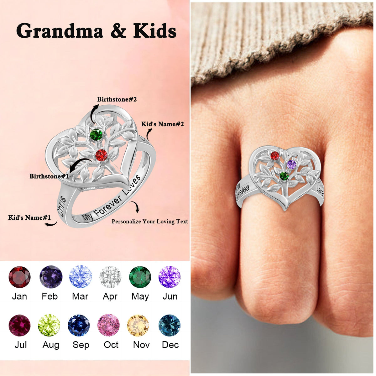 Personalized Family Tree Heart Ring Gift for Grandma
