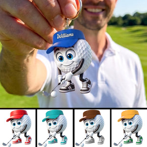 Personalized Smiling Golf Ball Mascot Keychain – Red Hat & Sneakers Golf Swing Character Accessory