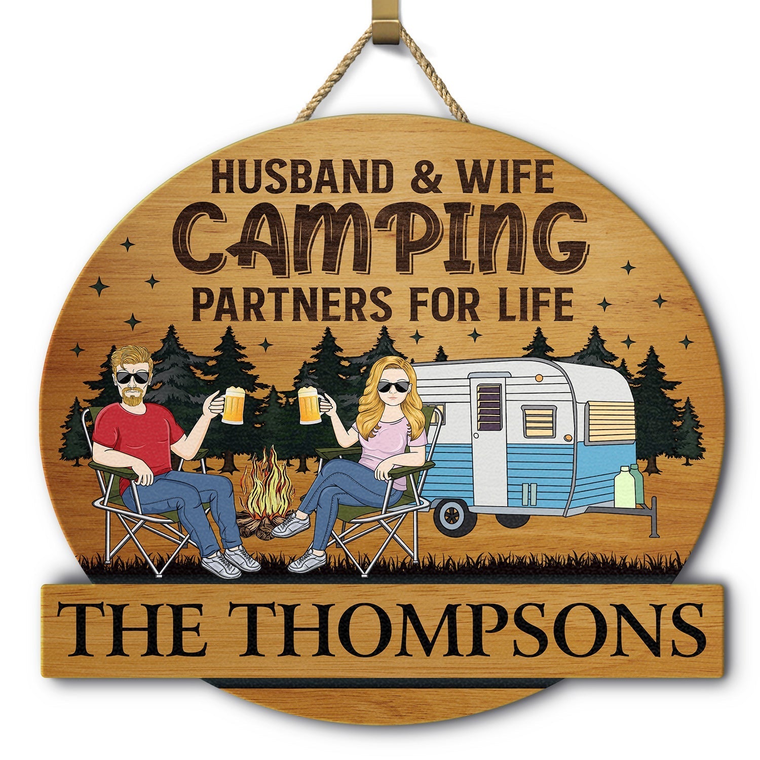 Camping Couple Husband & Wife Camping Partners For Life - Personalized Wood Sign