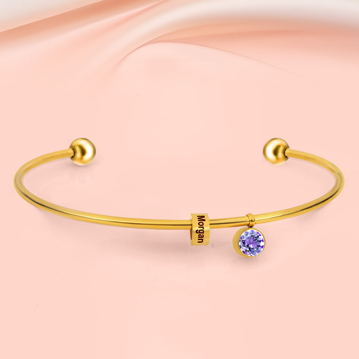 Personalized Engravable Bead Name Cuff Bracelet With Birthstone