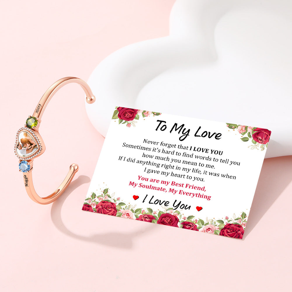 Personalized Birthstone Photo Card Cuff Bracelet For Women