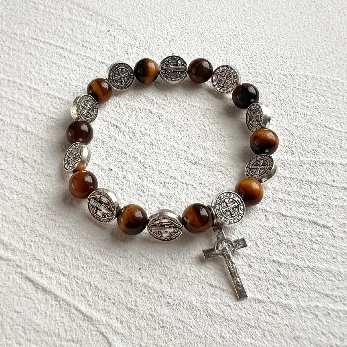 Cross Rosary Bracelet-Tiger Eye Beads