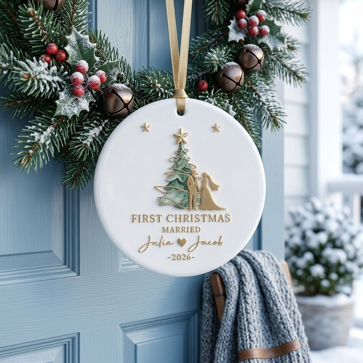 Personalized First Christmas Married Bride And Groom Ceramic Ornament - Custom Couple Names Keepsake Gift