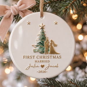 Personalized First Christmas Married Bride And Groom Ceramic Ornament - Custom Couple Names Keepsake Gift