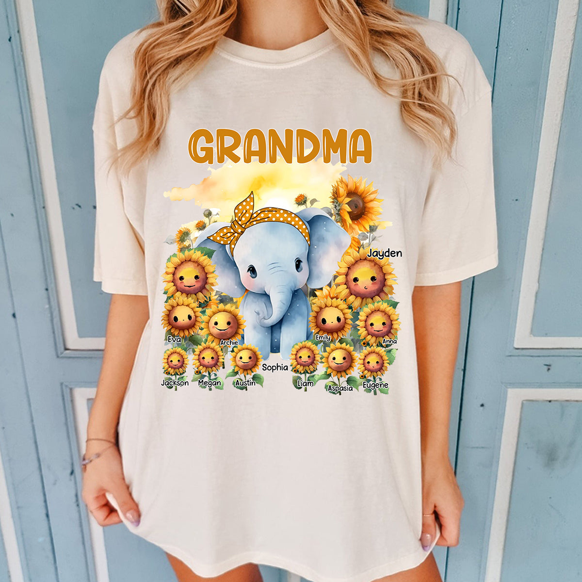 Personalized Grandma Elephant Sunflowers Pure Cotton T-shirt