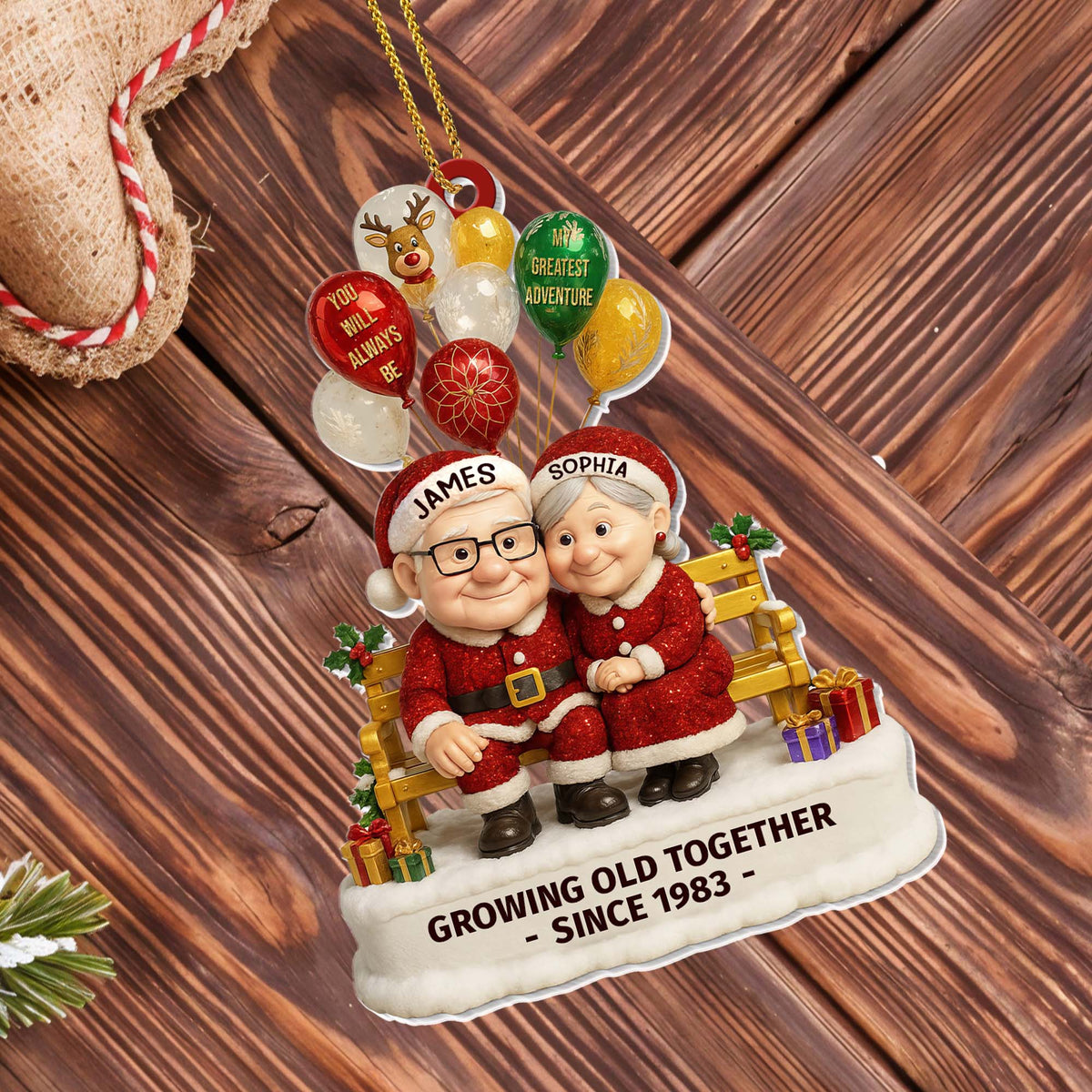 Growing Old Together  Elderly Couple With Festive Balloons Personalized Acrylic Ornament