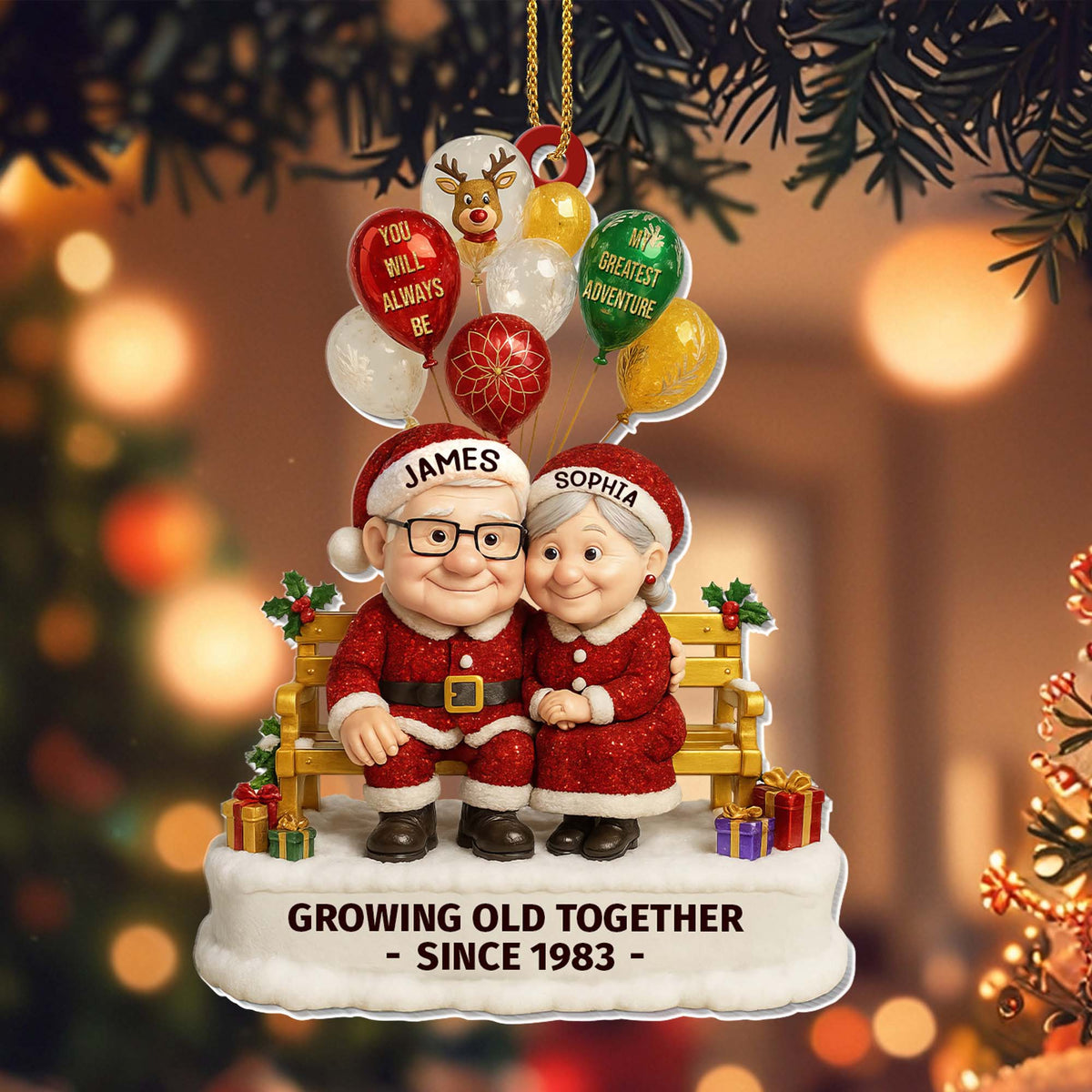 Growing Old Together  Elderly Couple With Festive Balloons Personalized Acrylic Ornament