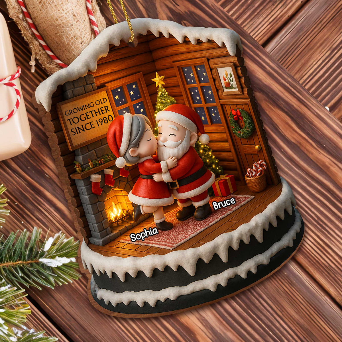 Growing Old Together Since, Personalized Custom Wood Ornament, Santa Claus And Christmas Tree