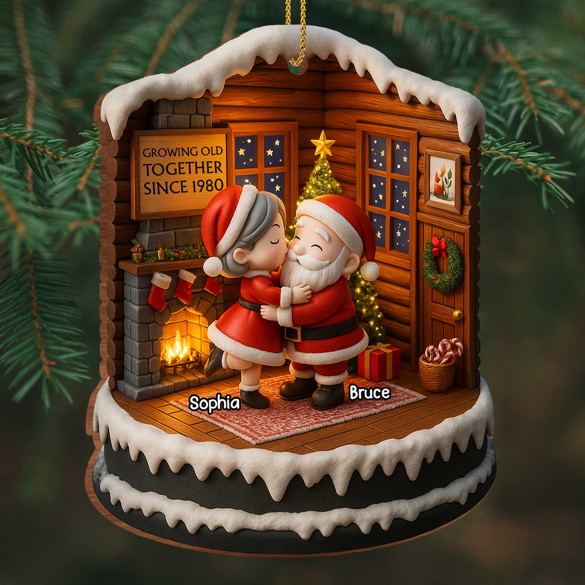 Growing Old Together Since, Personalized Custom Wood Ornament, Santa Claus And Christmas Tree
