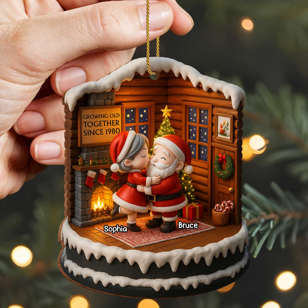 Growing Old Together Since, Personalized Custom Wood Ornament, Santa Claus And Christmas Tree