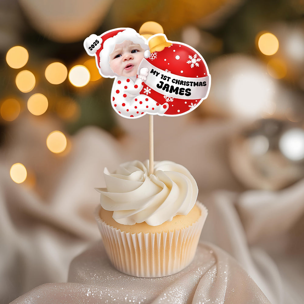 Custom Baby Photo My 1st Christmas Decoration Personalized Cupcake Toppers