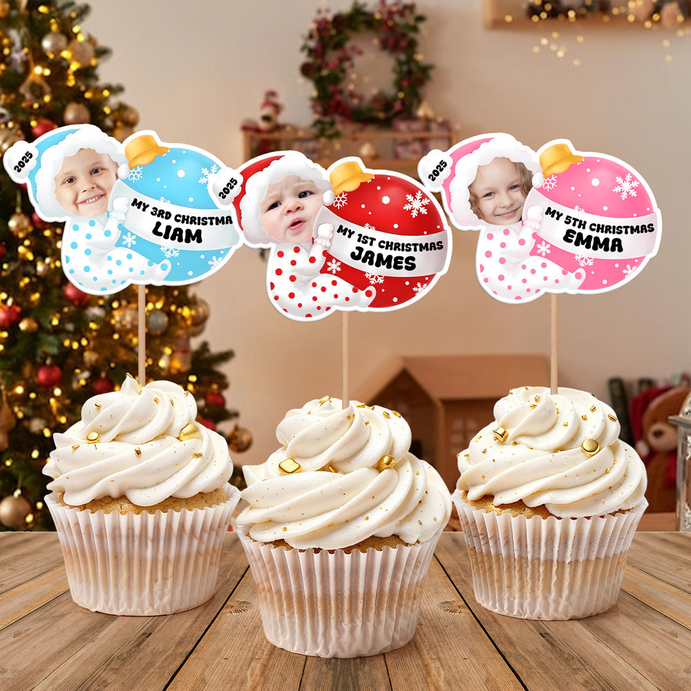 Custom Baby Photo My 1st Christmas Decoration Personalized Cupcake Toppers