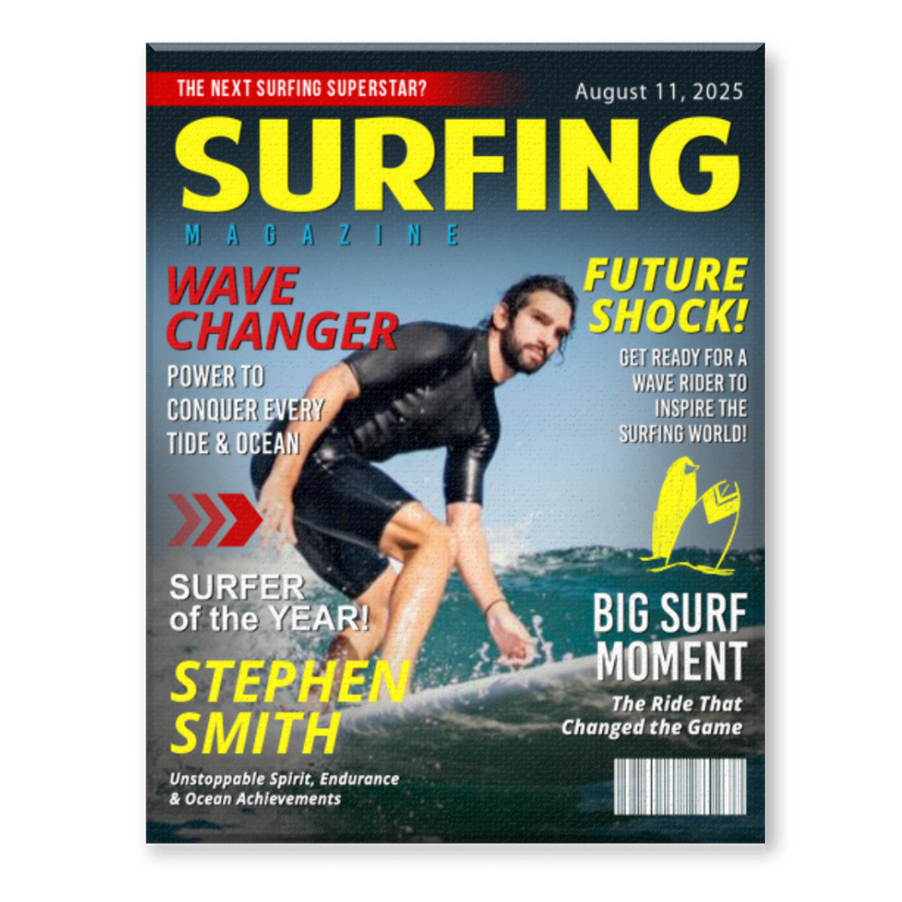 Personalized Surfing Photo Magazine Cover Canvas Gift For Surfers, Surfing Gift For Him