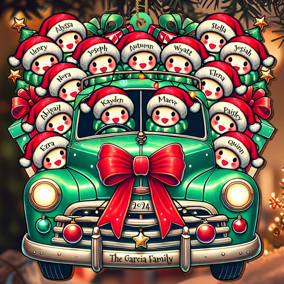 Personalized Custom Wood Ornament - Vintage Truck Full of Christmas Cheer and Santa Hats