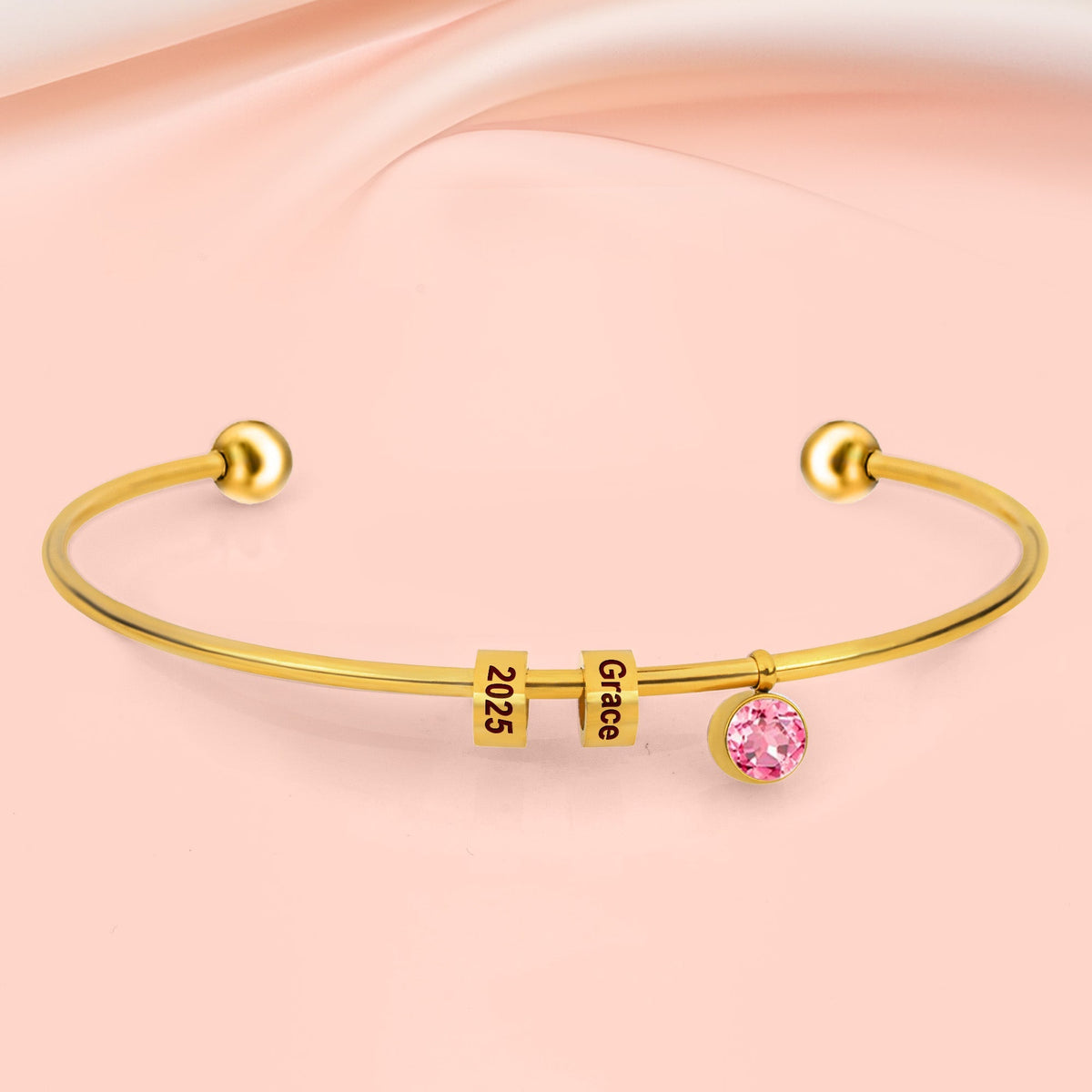 Personalized Engravable Bead Name Cuff Bracelet With Birthstone