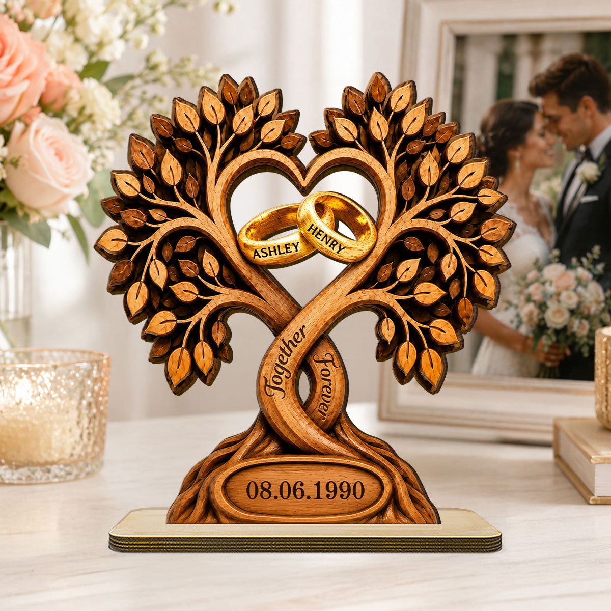 Forever Love Couple Rings In Tree Canopy - Personalized Wooden Plaque - Anniversary Gift, Wedding Gift For Couple