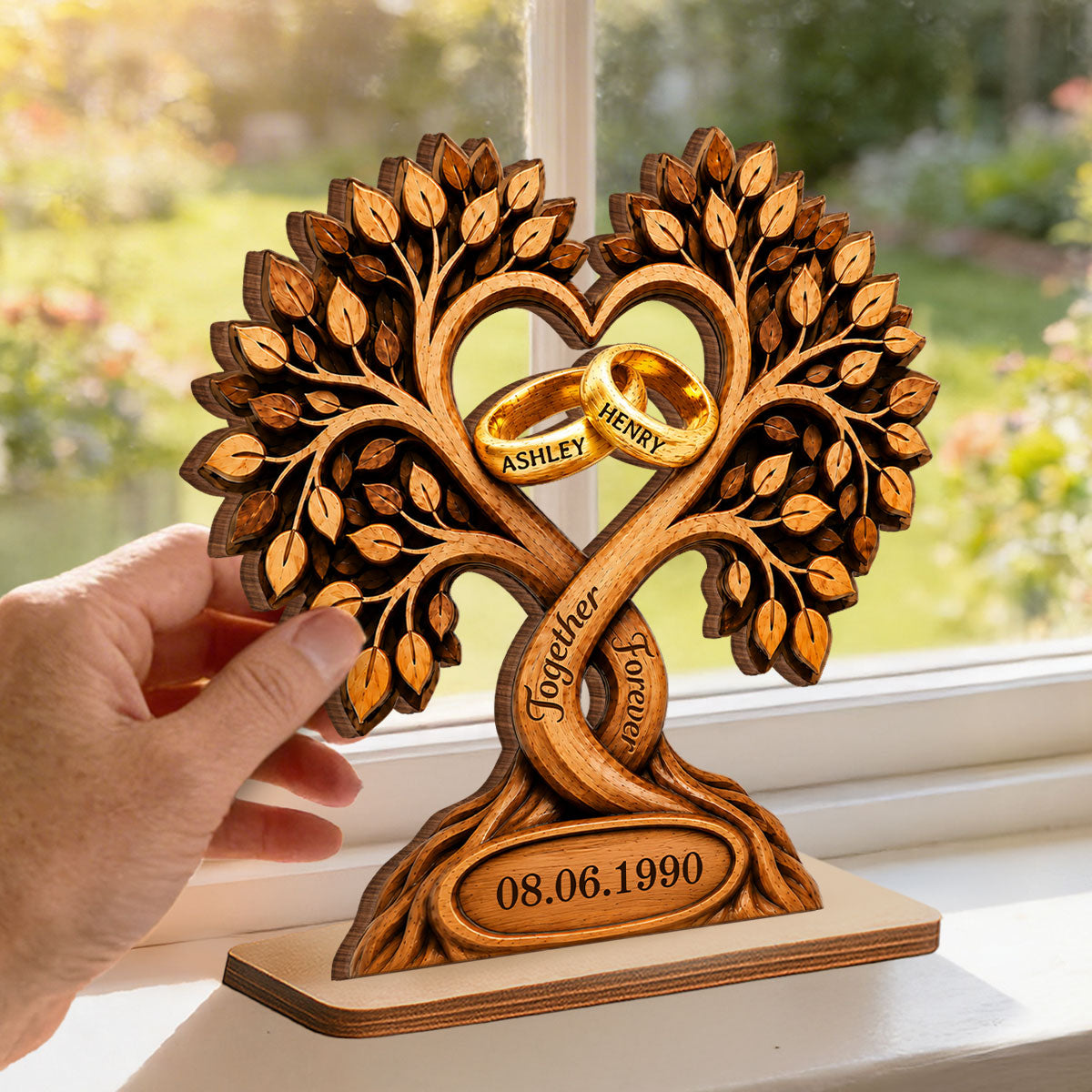 Forever Love Couple Rings In Tree Canopy - Personalized Wooden Plaque - Anniversary Gift, Wedding Gift For Couple