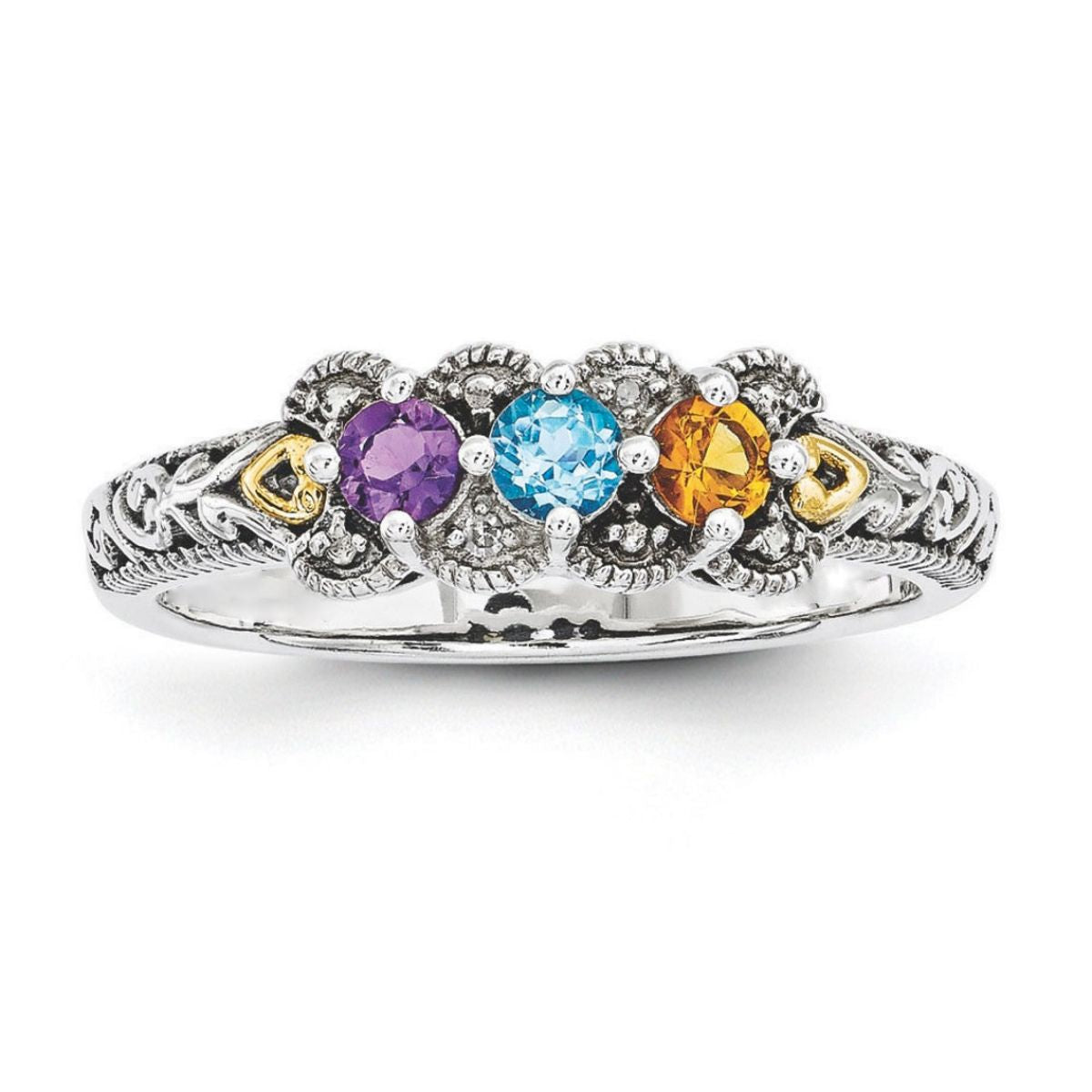 Personalized Antiqued Diamond accent Mother's Birthstone Ring 2 - 5 Stones