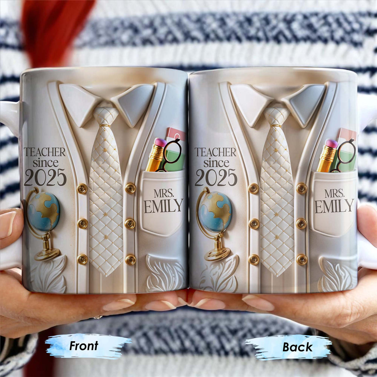 Teacher Since 2025 Featuring Tie, Globe, and Pocket, Personalized Coffee Mug, Gift For Teachers