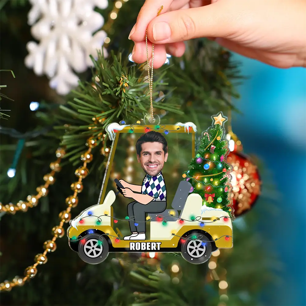 Custom Photo Funny Face Golf Cart - Personalized Custom Shaped Acrylic Ornament