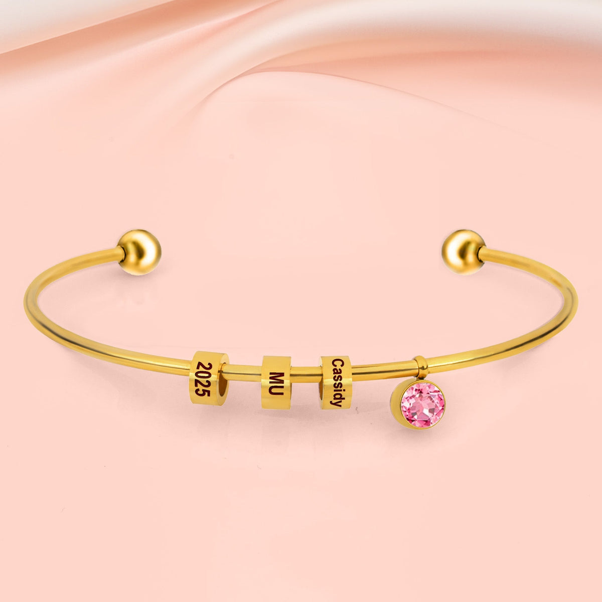 Personalized Engravable Bead Name Cuff Bracelet With Birthstone