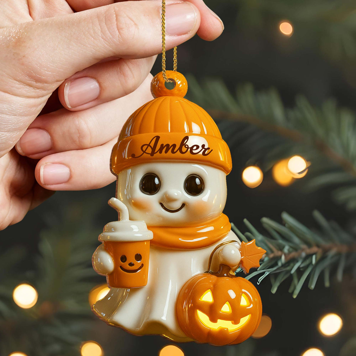 Celebrate Cozy Autumn Vibes Ghost and Pumpkin, Personalized Wood Ornament Gift for Halloween Lovers