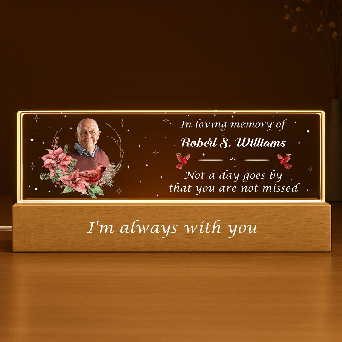 In Loving Memory Of Flowers and Stars Night Light With Wooden Base, Personalized LED Night Light