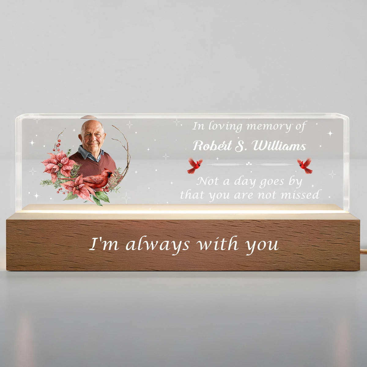 In Loving Memory Of Flowers and Stars Night Light With Wooden Base, Personalized LED Night Light