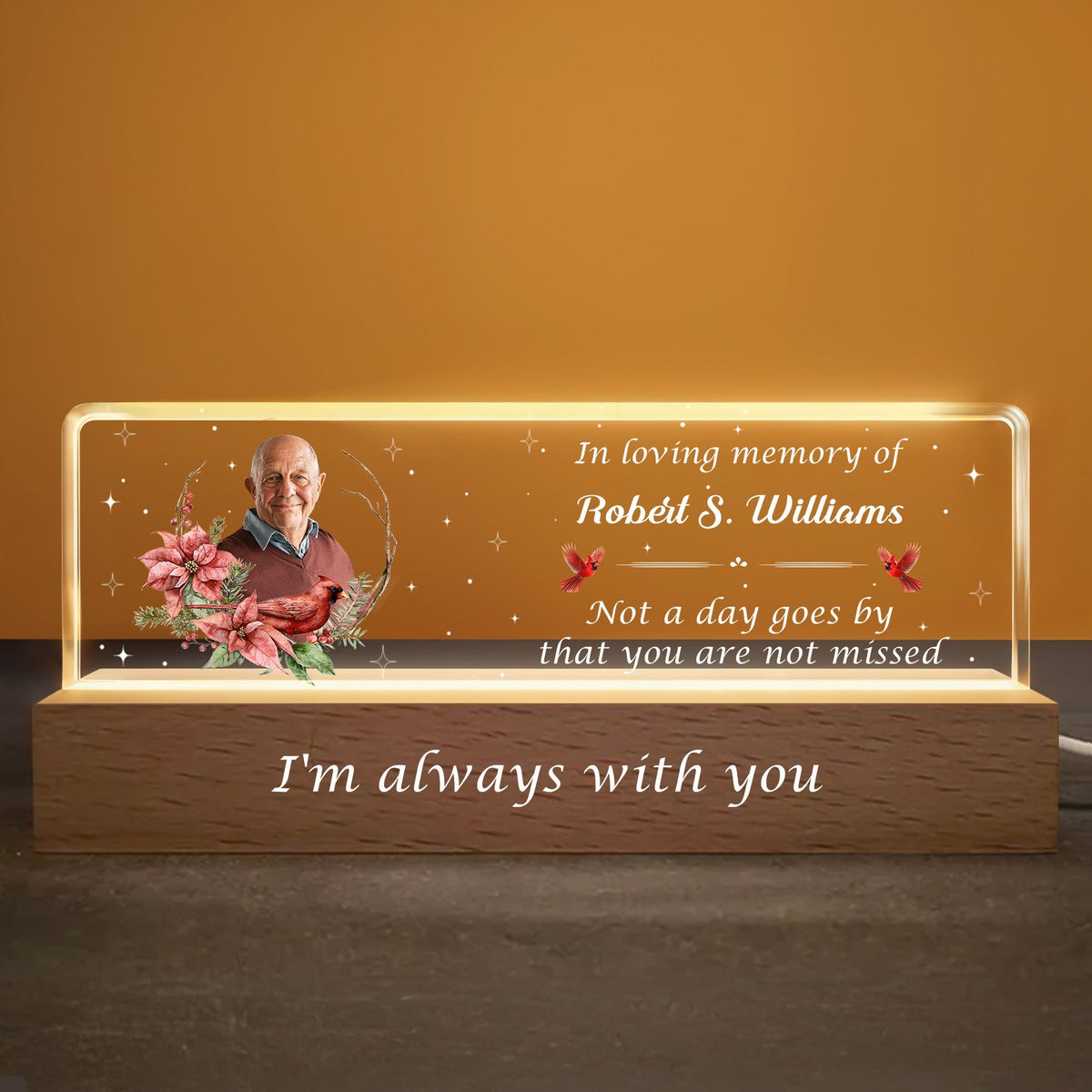 In Loving Memory Of Flowers and Stars Night Light With Wooden Base, Personalized LED Night Light