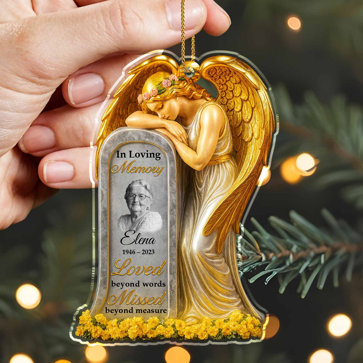 Loved Beyond Words Angel And Flowers Ornament Personalized Memorial Acrylic Ornament