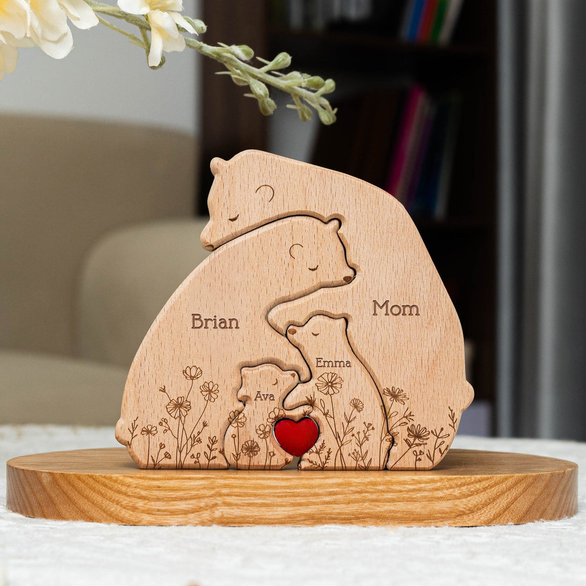 Hugging Bear Family Floral Version - Personalized Wooden Bear Family Puzzle