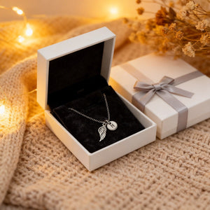 Hug from Heaven Personalized Angel Wings Charm Necklace, Custom Initial Necklace, Sympathy Condolence Gift