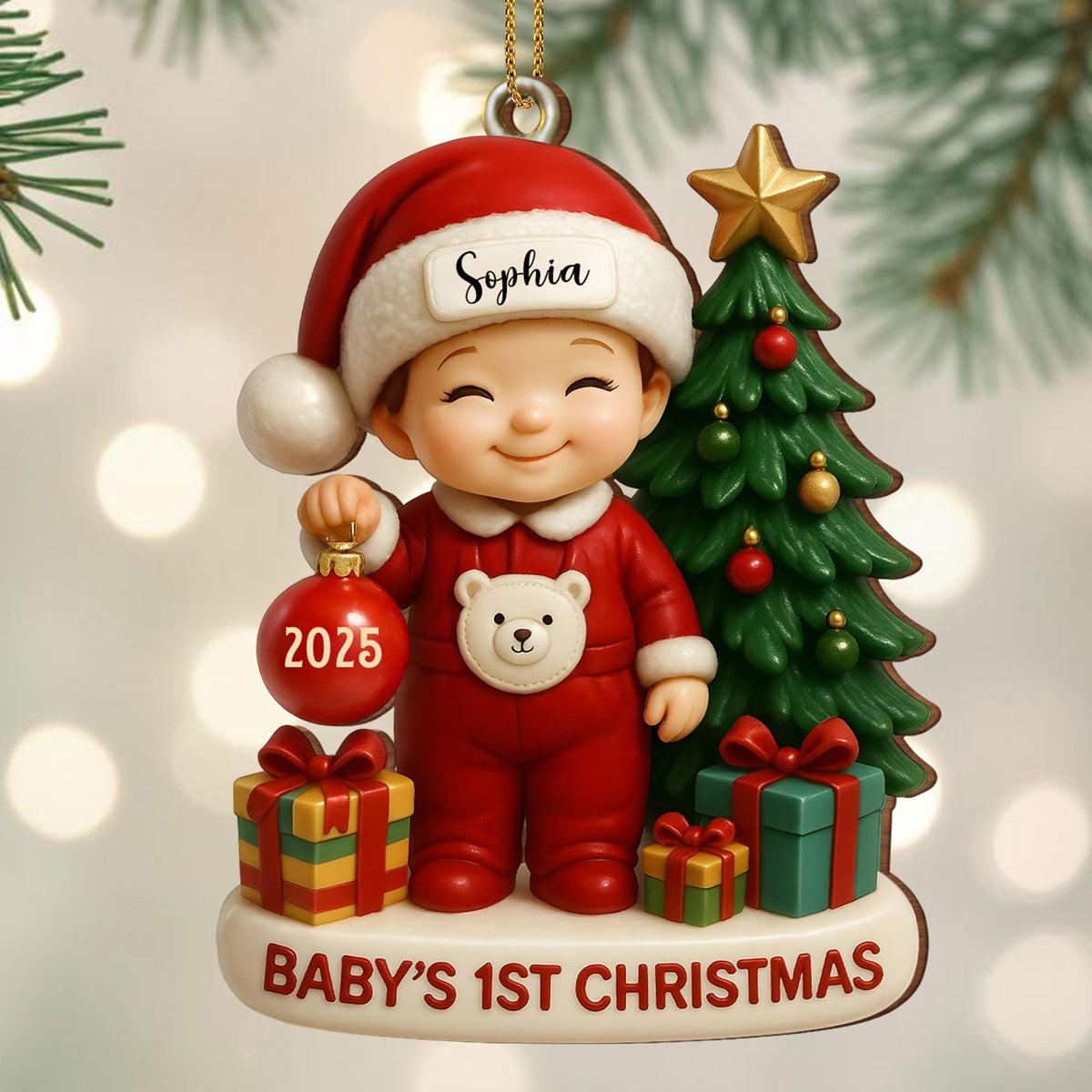 Baby’s 1st Christmas With Tree and Gifts, Personalized Custom Wood Ornament