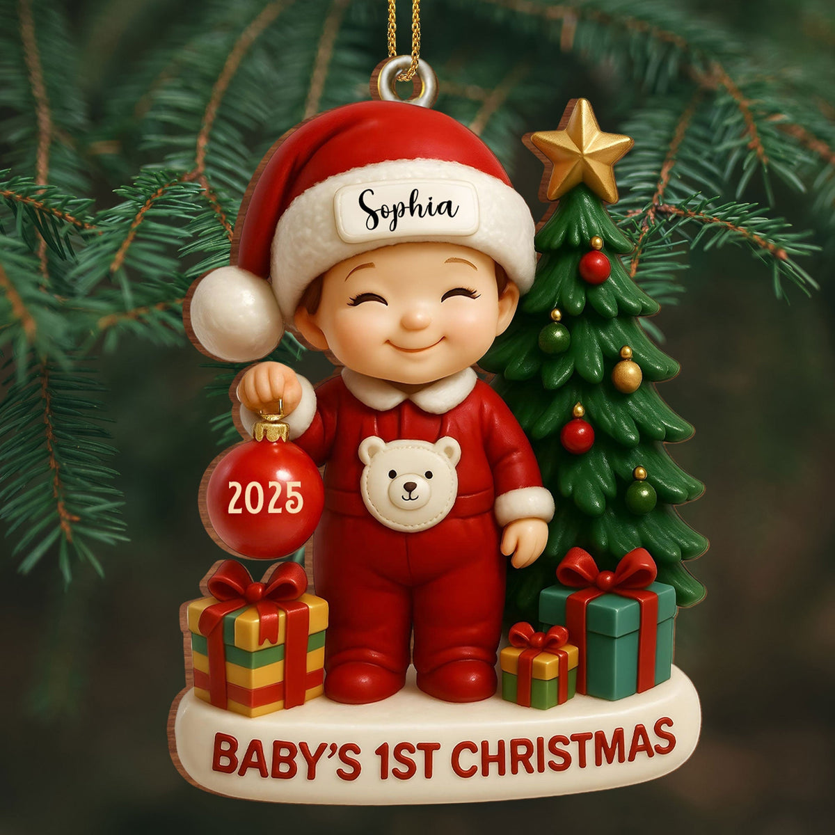 Baby’s 1st Christmas With Tree and Gifts, Personalized Custom Wood Ornament